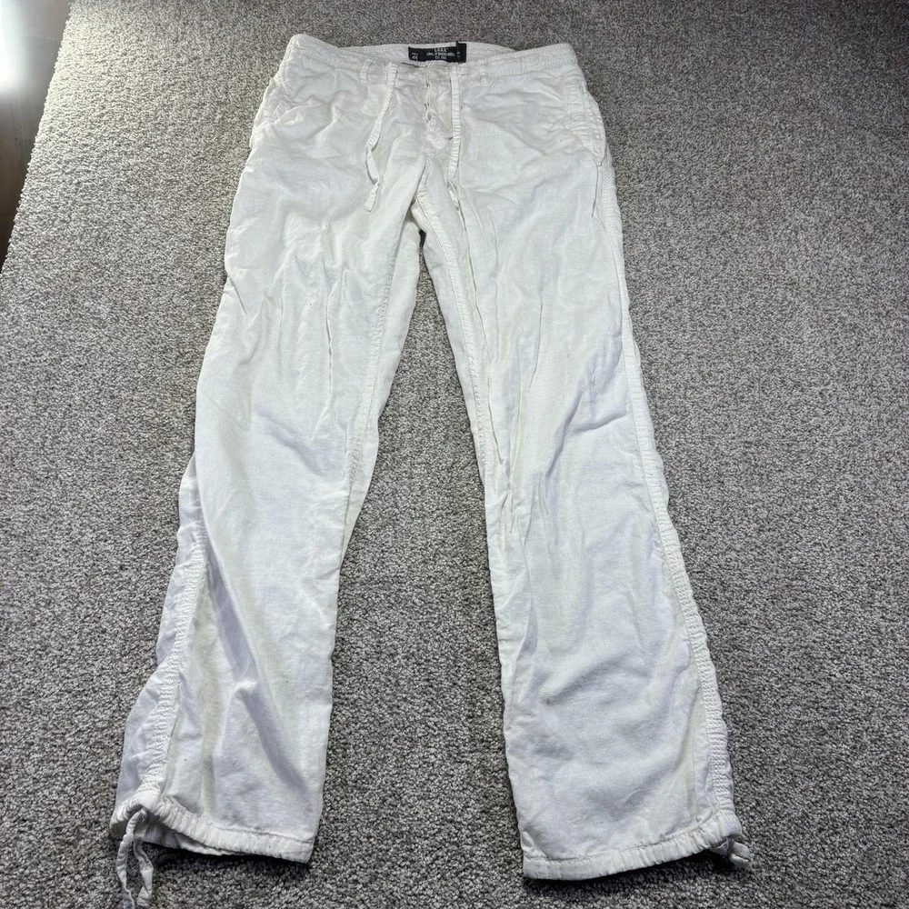 H&M L.O.G.G. Pants Womens 31 White Linen Blend Chino Drawstring Hem Summer